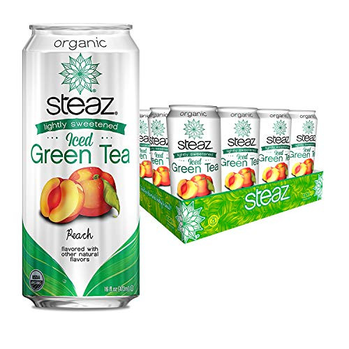 Steaz Organic Lightly Sweetened Iced Green Tea, Peach, 16 FL OZ (Pack of 12)