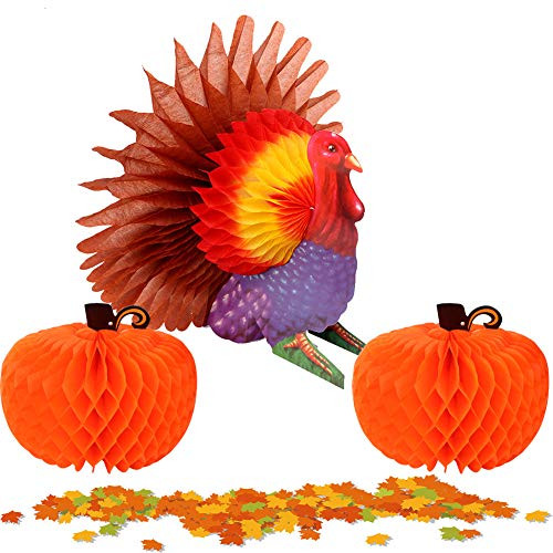 OurWarm Thanksgiving Tissue Turkey Honeycomb Centerpiece with 2pcs Tissue Pumpkins for Thanksgiving Table Decoration