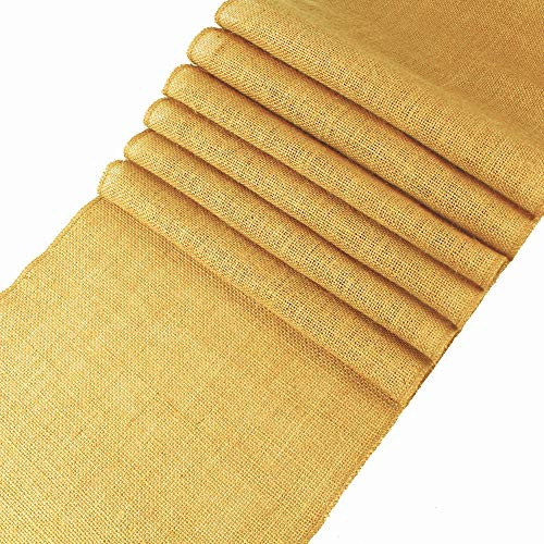 mds Pack of 10 Wedding 12 x 108 inch Burlap Table Runner Natural Jute Country Vintage for Wedding Banquet Decoration  Natural Jute Burlap (Gold)