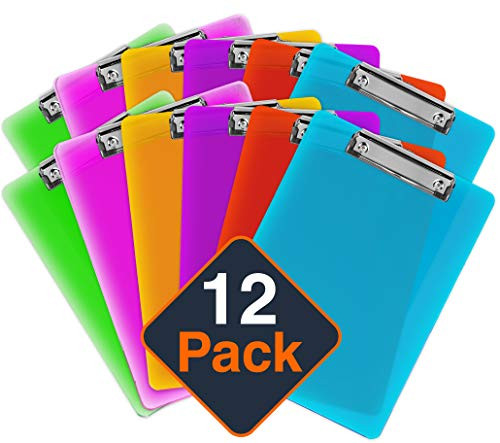 Plastic Clipboards (Set of 12) Multi Pack Clipboard (Colored Assorted) Strong 12.5 x 9 Inch | Holds 100 Sheets! Acrylic Clipboards with Low Profile Clip | Cute Clip Boards Board Clips