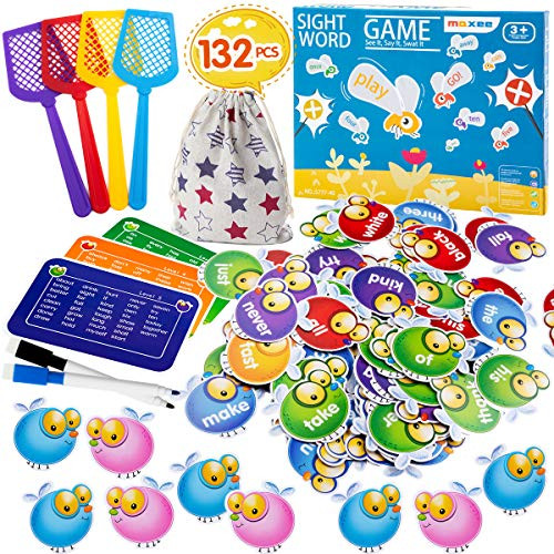 Sight Word Games Educational Toy Sight Word Swat Game for Kindergarten Homeschoo for Kids Ages 4-8, Visual, Tactile and Auditory Learning,with Fly Swatters ,Word Charts & Storage Bag(132pcs )