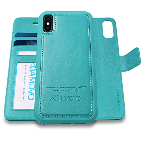 AMOVO [Upgraded] Case for iPhone Xs Max [2 in 1] iPhone Xs Max Wallet Case Detachable [Wireless Charging] [Vegan Leather] iPhone Xs Max Flip Case with Gift Box Package (XSMAX (6.5'') Aqua)