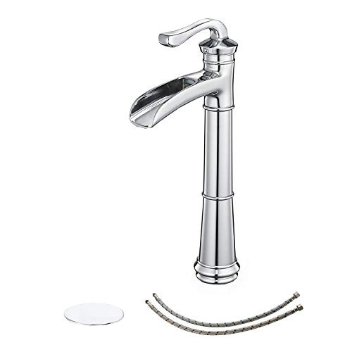 BWE Vessel Sink Faucet with Drain Assembly and Supply Line Lead-Free Chrome Commercial One Hole Waterfall Single Handle Bathroom Faucets Deck Mount Tall Body Lavatory Mixer Tap