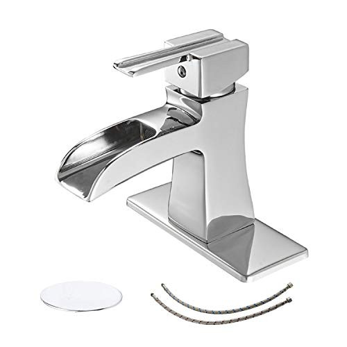 BWE Waterfall Bathroom Faucet Chrome with Pop Up Drain with Overflow Sink Single Hole Vanity Lavatory Faucets Bath Basin One Handle Mixer Tap Supply Line Lead-Free