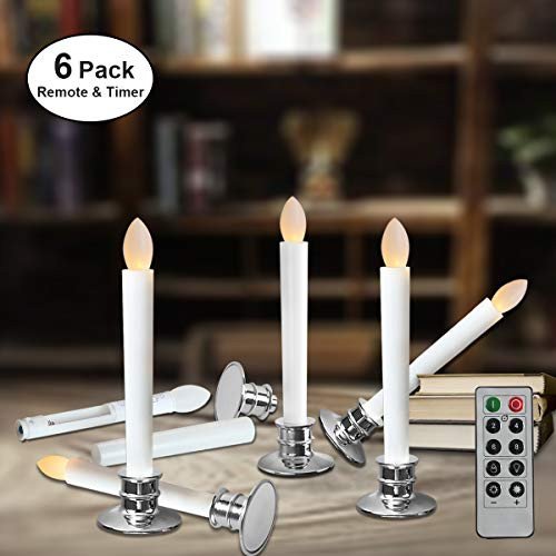 Window Candles with Remote Timers Battery Operated Flickering Flameless Led Electric Candle Lights with Removable Tapers Pillar Candle Holders for Christmas Decorations 6pcs Silver Base