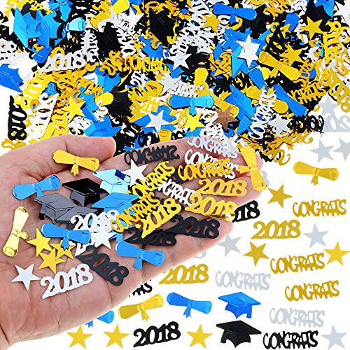 2018 Graduation Table Confetti Graduation Party Supplies - 3 Oz / 2000 Pieces. Graduation Decorations for Grad Party are of Gold, Black, Silver and Blue CONGRATS, Stars, 2018, Cap, Diploma Confetti