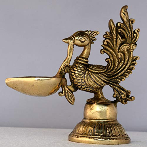Aakrati Table Diya - Peacock Oil lamp - Metal Brass Antique Finish Worship - Prayer Deepak