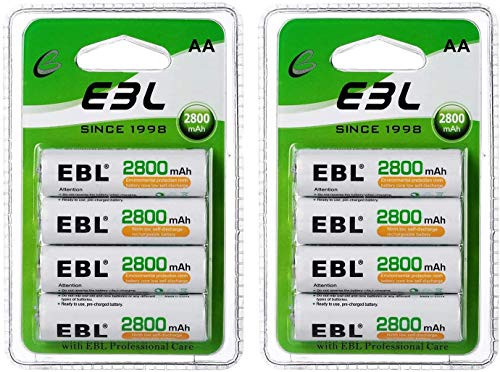 EBL Rechargeable AA Batteries 1.2V 2800mAh Precharged Ni-MH AA Battery New Retail Package, Pack of 8