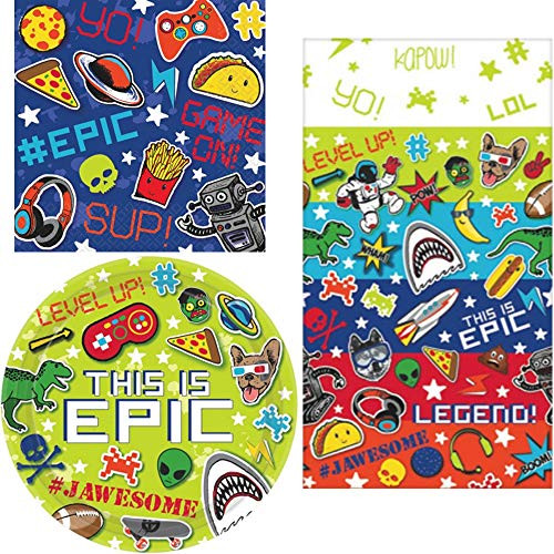 Epic Party - Napkins, Plates, Tablecover, Happy Birthday Party Bundle for 16 People - Includes 1 Maze Game Activity Card by ClassicVariety