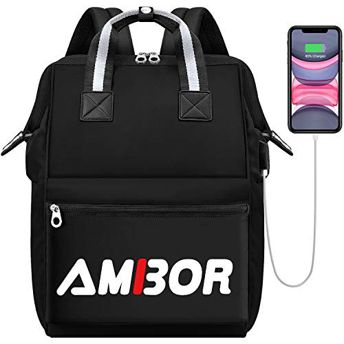 Travel Laptop Backpack, AMBOR 15.6 Inch Stylish College School Computer Backpack with USB Charging Port for Women Men, Water Resistant Business Laptop Backpack Casual Daypack Laptop Bag Tablet