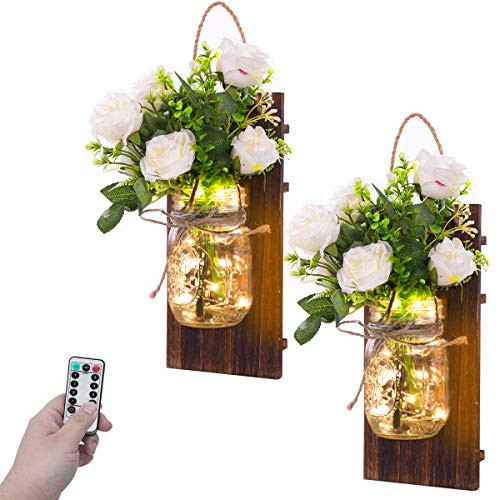 2Pcs Mason Jar Sconces Wall Decor with LED Fairy Lights and Flowers, Handcrafted Hanging Mason Jar Sconce Rustic wall Sconces for Farmhouse Kitchen Decorations Wall Home D¨¦cor