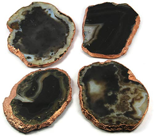 OwlKraft Set of 4 Choco Shade Agate Stone Coasters - Agate Coasters - Stone Under Tables - Decorative Tea Coasters - Brown Table Coasters - Dessous de verre (Copper Electroplated Borders)