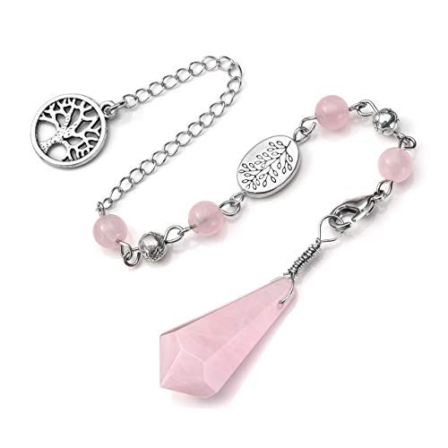 Top Plaza Reiki Healing Crystal Dowsing Rose Quartz Pendulum Necklaces for Divination Tree of Life Wicca Balancing Pointed Pendant Pendulum, 6 Facet