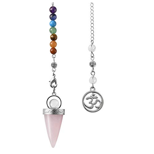 Top Plaza 7 Chakra Reiki Healing Crystal Rose Quartz Dowsing Pendulum for Divination Wicca Balancing Gemstones Pointed Pendant Pendulums with OM Charm