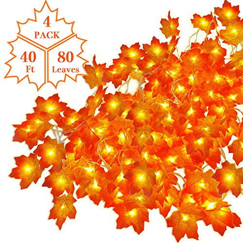 AY 4 Packs 40FT Fall Maple Leaf Garland Fairy Lights Waterproof Maple Leaf String Lights 3AA Battery Powered for Thanksgiving Christmas Party Indoor Outdoor