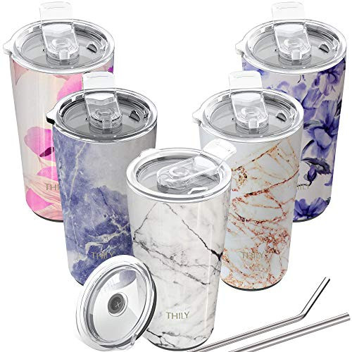 Stainless Steel Vacuum Insulated Tumbler - THILY Travel Mug 20 oz Coffee Cup with 2 Lids and Straws, Splash Proof, Keep Ice Drinks Cold, White Marble
