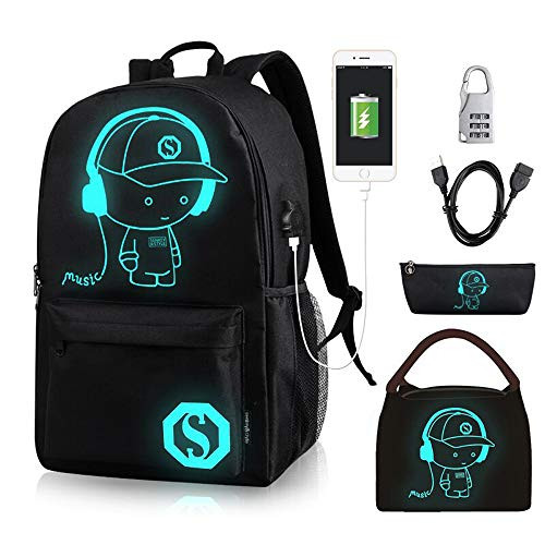 Lmeison Anime Luminous Backpack for Boys Girls, Charging Bookbag with Lunch Bag Pencil Case, Lightweight and Waterproof, Fashion Travel Daypack 15.6inch Laptop Bag for School