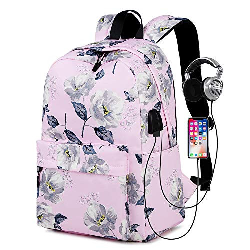 Lmeison Floral Backpack for Women Girls, Waterproof College Bookbag with USB Charging Port, Lightweight Travel Daypack for Work, Canvas 15inch Laptop Bag for School (Pink)