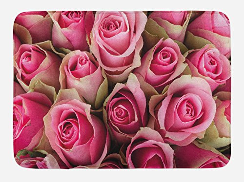 Ambesonne Rose Bath Mat, Blooming Fresh Pink Roses Bridal Bouquet Romance Sweetheart Valentine, Plush Bathroom Decor Mat with Non Slip Backing, 29.5" X 17.5", Pink Pale Green
