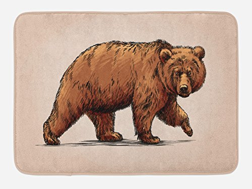 Ambesonne Bear Bath Mat, Ink Drawing Style Wildlife Beast Carnivore Walking Zoology Nature Themed Art, Plush Bathroom Decor Mat with Non Slip Backing, 29.5" X 17.5", Brown Rose