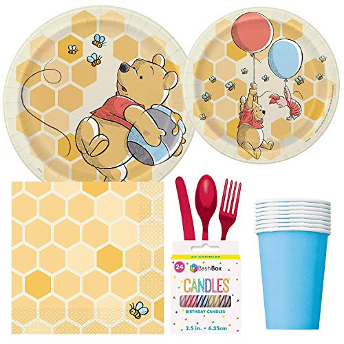 BashBox Disney Winnie The Pooh Birthday Party Supplies Pack Including Cake & Lunch Plates, Cutlery, Cups, Napkins (8 Guests) Plus BONUS BashBox Candles