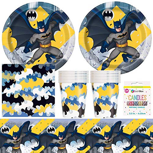 BashBox Batman Birthday Party Supplies Pack Including Plates, Cups, Napkins, Tablecover (16 Guests) Plus BONUS BashBox Candles