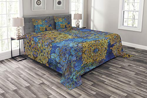 Ambesonne Ethnic Bedspread, Traditional Persian Motif Oriental Moroccan Effects Exotic Style Boho Design, Decorative Quilted 3 Piece Coverlet Set with 2 Pillow Shams, Queen Size, Coffee Blue