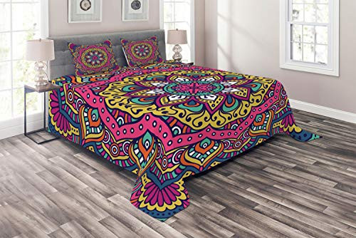 Ambesonne Mandala Coverlet, Lively Colored Abstract Motif Inspired by Cultures Floral of Cosmos, 3 Piece Decorative Quilted Bedspread Set with 2 Pillow Shams, Queen Size, Pink Navy
