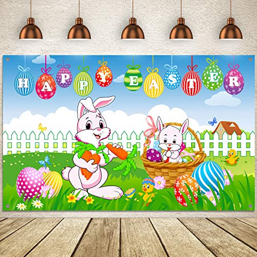Happy Easter Party Backdrop Banner, Spring Easter Rabbit Colorful Eggs and Chick Sign Green Grass Yard Photo Background Bunny Photography for Easter Party Decoration, Easter Egg Hunt Game Supplies