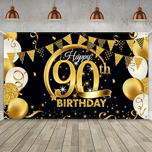 Birthday Party Decoration Extra Large Fabric Black Gold Sign Poster for Anniversary Photo Booth Backdrop Background Banner, Birthday Party Supplies, 72.8 x 43.3 Inch (90th)