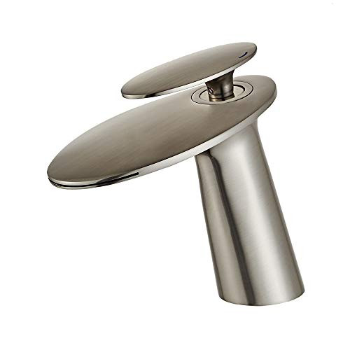 Wovier Brushed Nickel Waterfall Bathroom Sink Faucet with Supply Hose,Single Handle Single Hole Lavatory Faucet,Slanted Body Basin Mixer Tap Commercial