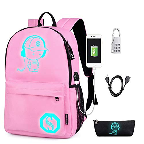 Lmeison Anime Cartoon Luminous Backpack for Girls, Waterproof Charging Bookbag for Middle School, 15.6'' Laptop Backpack with USB Charging Port, Travel Daypack with Lock &Pencil Case for Work, Pink