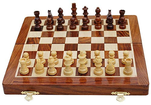 Best Chess Handmade Magnetic Wooden Folding Chess Board with Extra Queens & Storage for Chessmen (12 x12)
