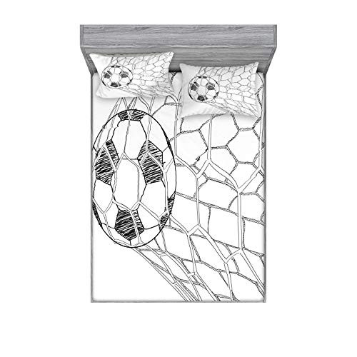 Ambesonne Soccer Fitted Sheet & Pillow Sham Set, Soccer Ball in Net Goaly Position Sports Competition Spectators Hand Drawn Style, Decorative Printed 3 Piece Bedding Decor Set, Full, Black