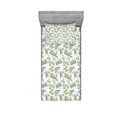 Ambesonne Steam Engine Fitted Sheet & Pillow Sham Set, Choo Choo Train Kids Boy Pattern Blue Green Number Plate Vintage, Decorative Printed 2 Piece Bedding Decor Set, Twin, Apple Green