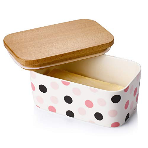 Sweese 303.246 Butter Dish - Butter Keeper with Airtight Beech Wooden Lid, Holds Up to 2 Sticks of Butter - Porcelain Butter Container, Wave Point
