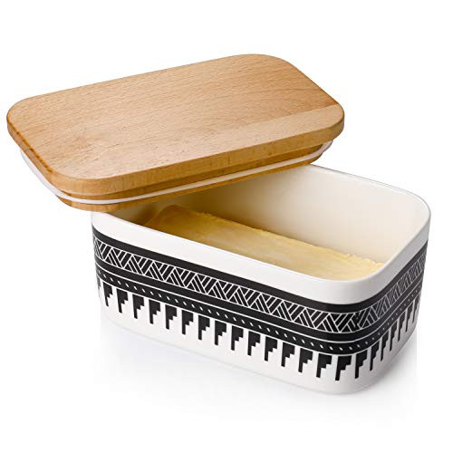Sweese 303.243 Butter Dish - Butter Keeper with Airtight Beech Wooden Lid, Holds Up to 2 Sticks of Butter - Porcelain Butter Container, Black Stylish