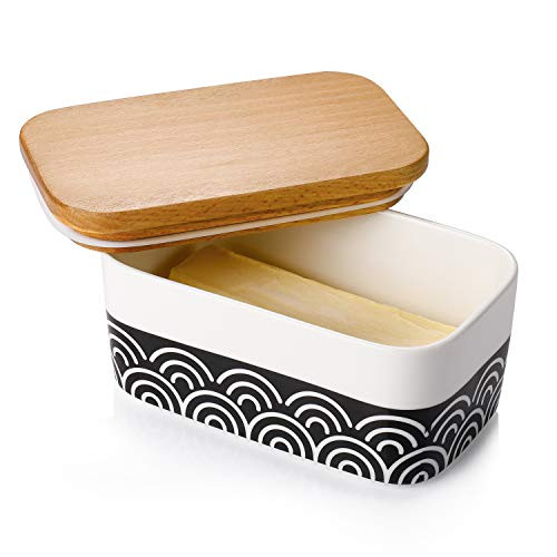Sweese 303.245 Butter Dish - Butter Keeper with Airtight Beech Wooden Lid, Holds Up to 2 Sticks of Butter - Porcelain Butter Container, Black Stylish