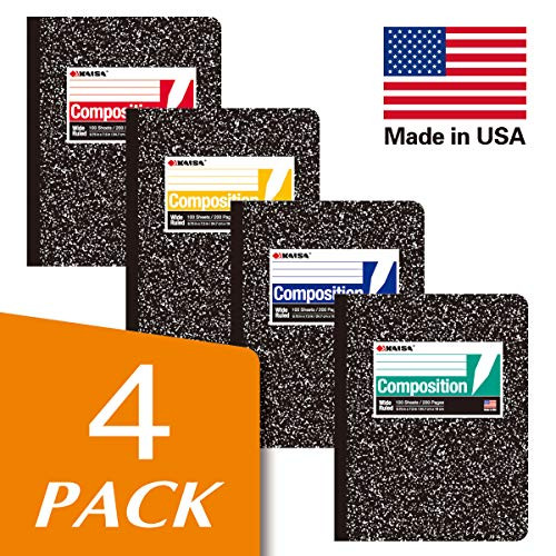 KAISA Composition Books Notebooks, Wide Ruled Paper 100Sheets 9.75x7.5inch Comp Books, Pack of 4pcs,C10001W