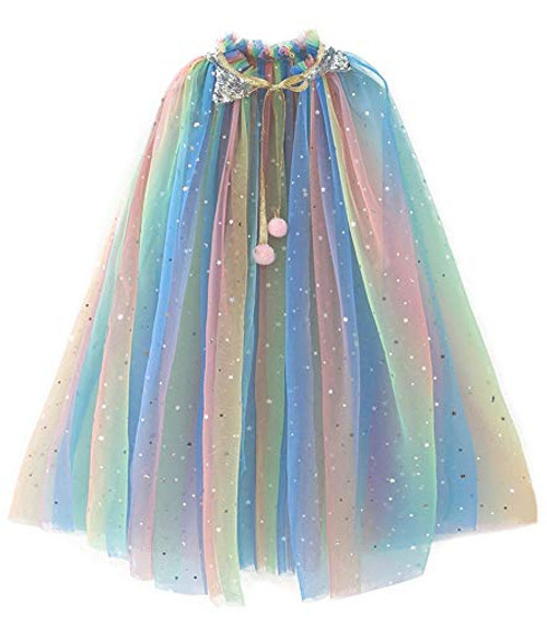 Big Girl Cape Cloak Dresses Coat Matching Princess Wedding Birthday Party Halloween Star Sequins Cape Summer Cloaks Costumes for Girls Kids Dress Up 5 6 7 8 9 10 Years Veil Yarn (Multicolored, L)