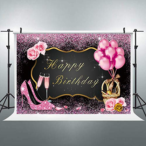 Riyidecor Glitter Happy Birthday Backdrop Pink High Heels Rose Gold 16th 20th 30th 50th Women Girls Princess Photography Background 7Wx5H Feet Decor Props Photo Shoot Banner Vinyl Cloth