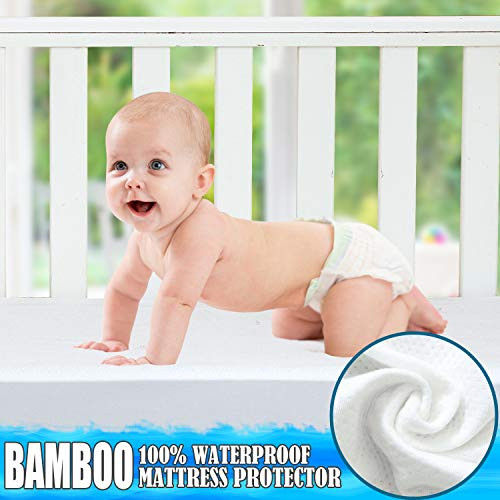 2- Pack Organic Bamboo Crib Mattress Protector - 100% Waterproof Toddler & Baby Crib Mattress Pad Soft Breathable Mattress Topper Cover for Stains, Natural Hypoallergenic Vinyl Free, Bedbug Proof