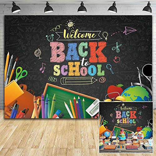 Demohome 7X5ft Durable Polyester Fabric Back to School Themed Backdrops First Day of School Board Photography Background Cartoon Blackboard Chalk School Party Decorations Photo Booth Studio Banner
