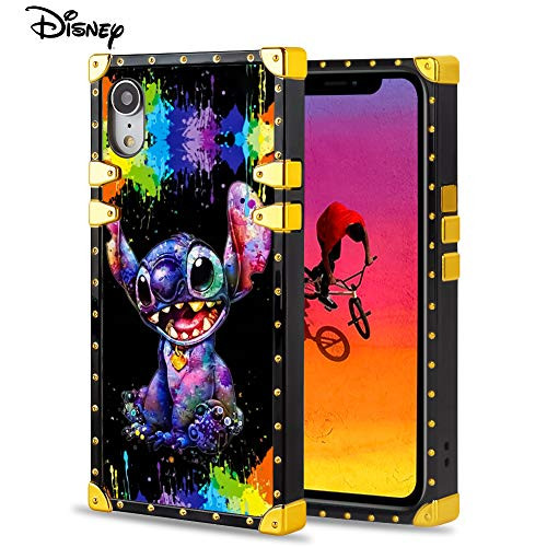 DISNEY COLLECTION Luxury iPhone XR Case Square Cover Stitch Scrawl 01 Design Flexible Soft TPU Reinforced Metal Decoration Corners Slim Shockproof Case for iPhoen XR
