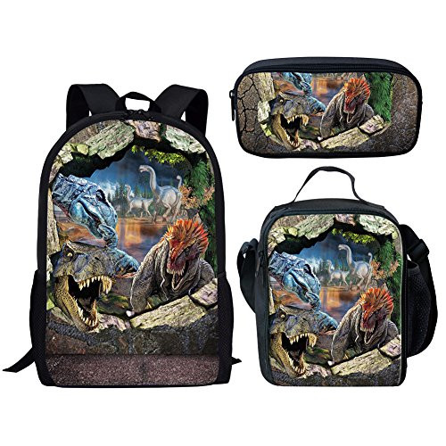 Middle School Student Backpack Lunch Bag Set Pen Bags For Boys Fashion Durable Daypack Dinosaur Print