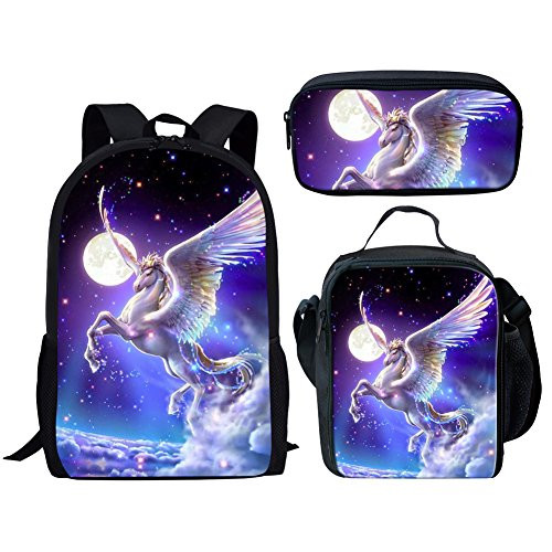 Dellukee School Backpack Set Lunch Bag Pen Bags Cute Durable Bookbags Daypacks Unicorn Print