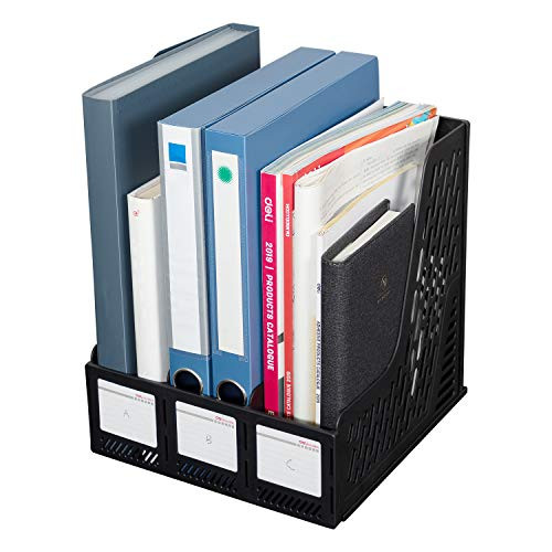 Deli Magazine File Book Holder Desktop Organizer Vertical Document Folder for Office Organization, 3 Compartments, Black