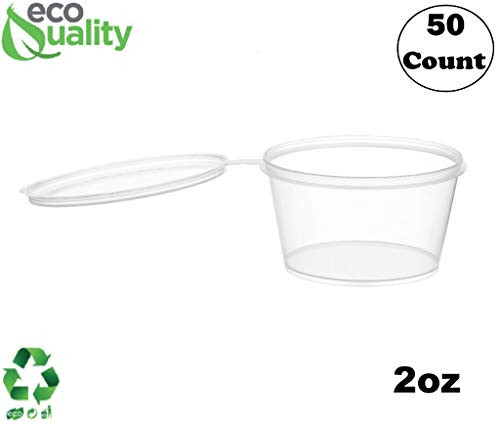 EcoQuality [50 Pack] 2 Oz Leak Proof Plastic Condiment Souffle Containers with Attached Lids - Portion Cup with Hinged Lid Perfect for Sauces, Samples, Slime, Jello Shot, Food Storage & More!