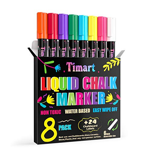 TIMART 8 Pack Liquid Chalk Markers, Bold Wet & Dry Erase Marker Pens - Chalk Markers for Chalkboards Signs, Blackboards, Windows, Glass- 6mm Reversible Tip, 24 Chalkboard Labels Included (Classic)