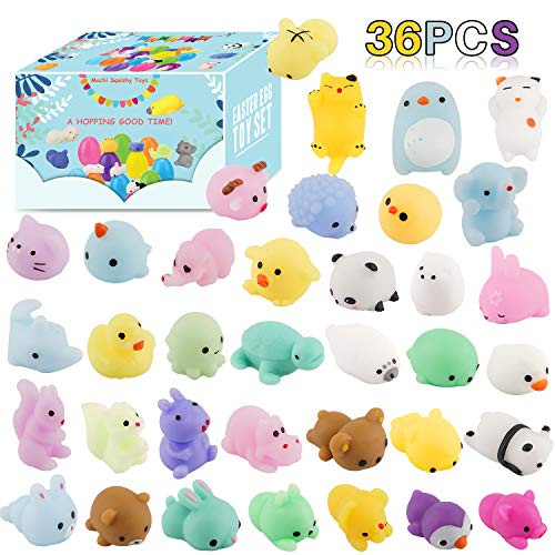 FUNNISM 36pcs Prefilled Easter Eggs with Mochi Squishy Toys,Easter Basket Stuffers for Mini Squishies Kawaii Animal - Easter Egg Theme Party Favors Mini Squeeze Stress Relief Toys for Kids